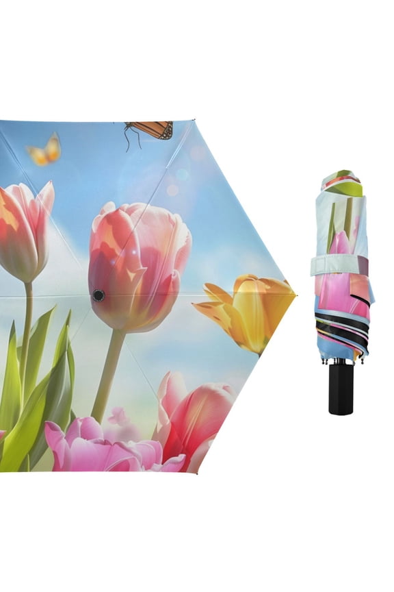 Tulips Butterflies Sun All Weather Umbrella Triple Folding Parasol 6 Ribs UV Protection Portable