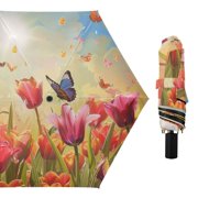 Tulips Butterflies Sun Oil Painting All Weather Umbrella Triple Folding Parasol 6 Ribs UV Protection Portable