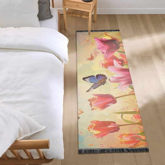 Tulips Butterflies Sun Oil Painting Bedside Runner Rug 2'x 6' Non Slip Carpet Floor Mat Area Rug
