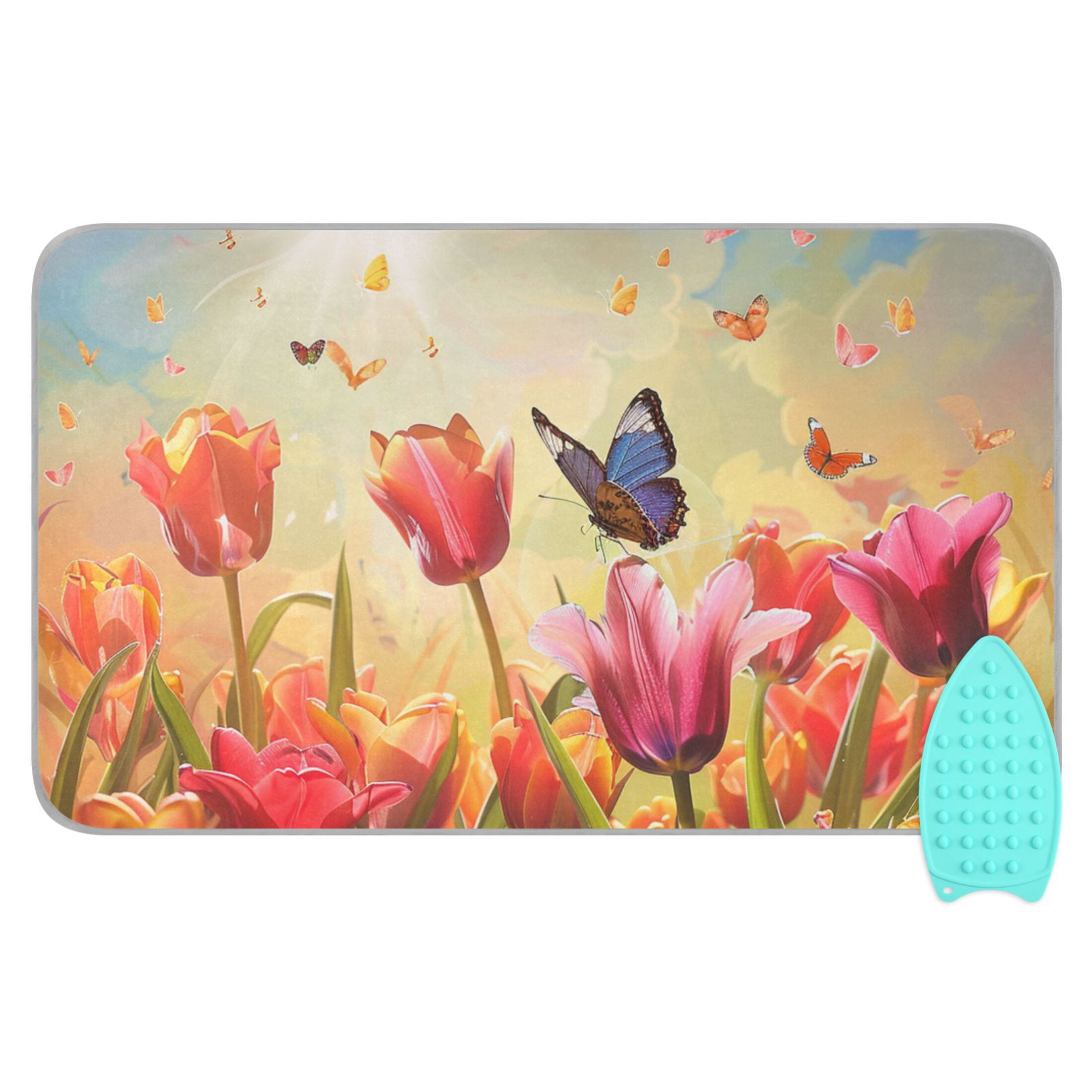 Tulips Butterflies Sun Oil Painting Ironing Mat Blanket Portable Travel Ironing Pad Heat Resistant Pad 47.2" x 27.6”