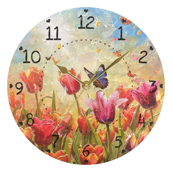 Tulips Butterflies Sun Oil Painting Round Wall Clock Silent Analog Battery Operated Gold Pointer Home Decor 9.84" Diameter