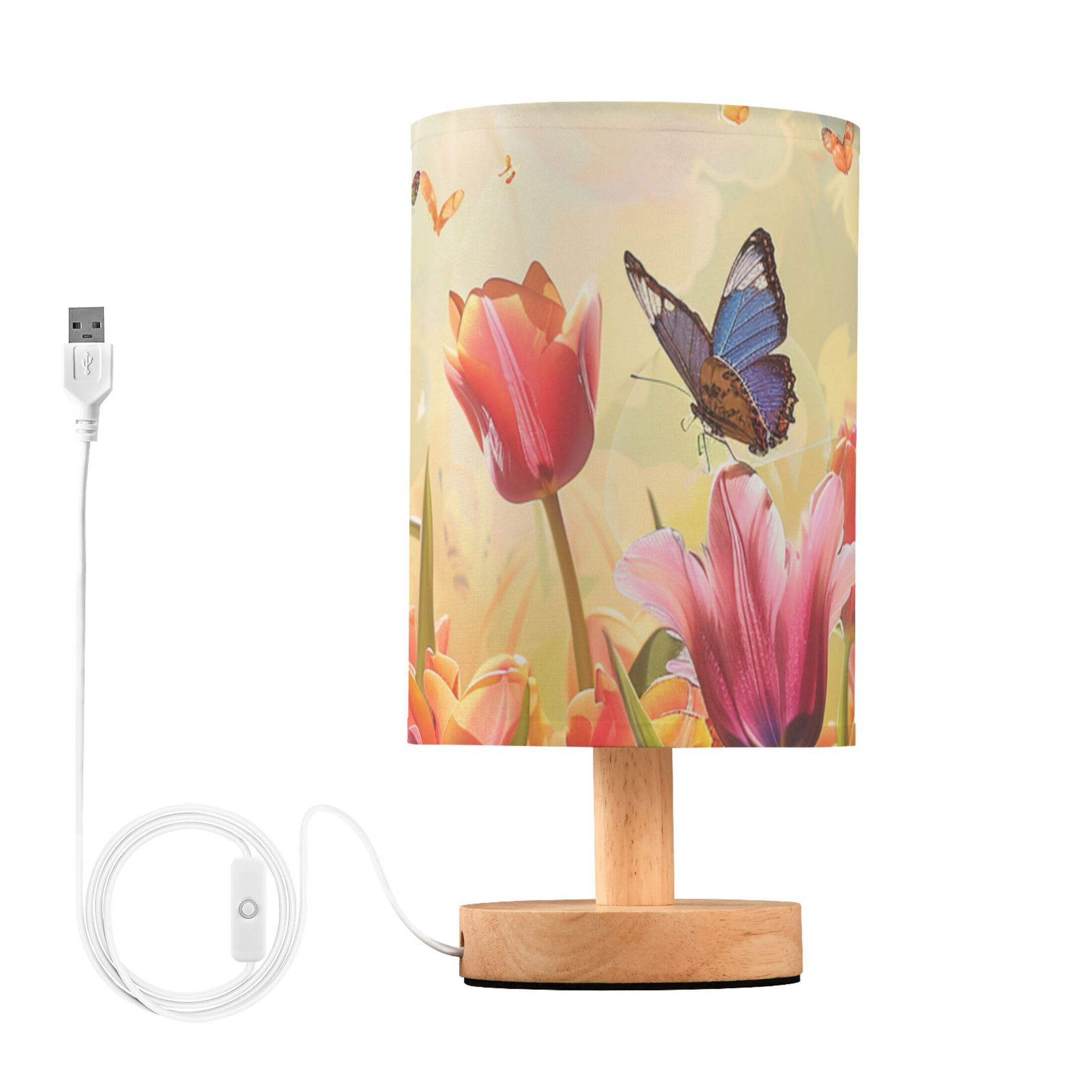 Tulips Butterflies Sun Oil Painting Table Lamp with USB Port LED Warm Light Lamp Night Light Home Decor