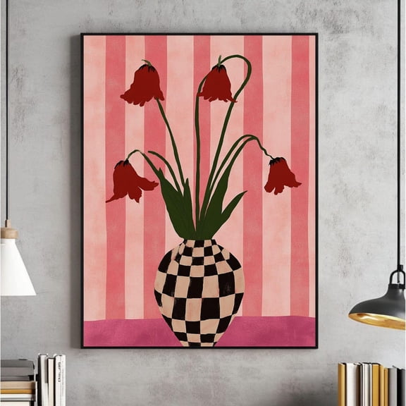 Tulips In A Checkered Vase Wall Art, Eclectic Decor In Berry Pink Tones Print, Contemporary, Art, Floral Digital UNFRAMED PAPER POSTER, Home Decor, Vintage Gift, Living Room Dercor