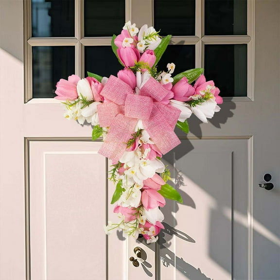 Tulips Cross Wreath, Easter Cross Wreaths for Front Door, Artificial Spring Easter Wreath, Religious Crosses Wreath Sign with Ribbon Bow for Indoor Outdoor Porch Window Decor