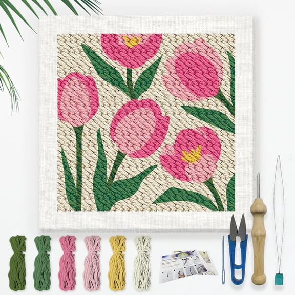 Tulips DIY Punch Needle Embroidery Kit for Adult Beginner 9.4" Flower Punch Stitching Craft Set for Starter with Frame Fabric Pattern Threader Yarn Pinch Needle Pink