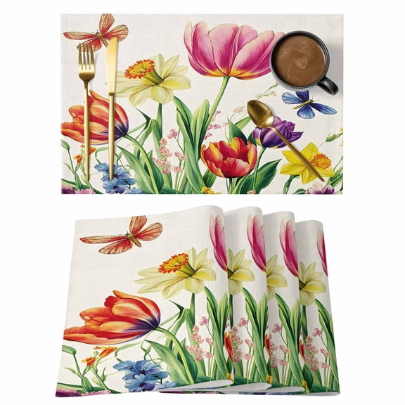 Tulips Dragonfly Placemats Set of 2, Spring Floral Non-Slip Place Mats Washable Table Mats for Kitchen Dining Table Decorations Indoor/Outdoor