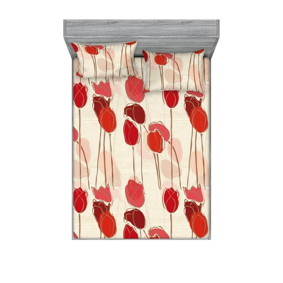 Tulips Fitted Sheet & Pillow Sham Set, Simple Design Modern Blooming Flowers with Neutral Boho Lines Delicate Art, Decorative Printed 3 Piece Bedding Decor, Full, Dark Coral Eggshell, by Ambesonne