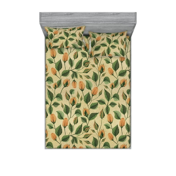 Tulips Fitted Sheet & Pillow Sham Set, Wild Jungle Boho Inspirations Leaves Greenery with Flowers Vintage Art, Decorative Printed 3 Piece Bedding Decor, King, Fern Green Avocado Green, by Ambesonne