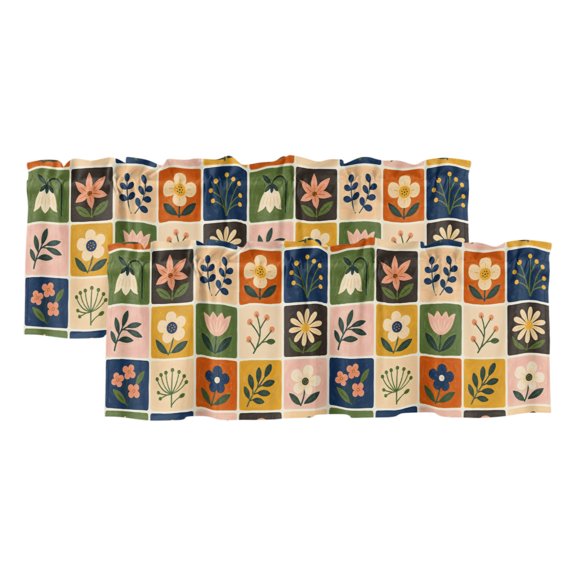Tulips Flower 2 Panels Kitchen Valance, Rustic Vintage Colorful Wildflowers Forest Green Curtains Valances for Small Windows Rod Pocket Window Treatments for Living Room Bedroom 42" W x 12" L