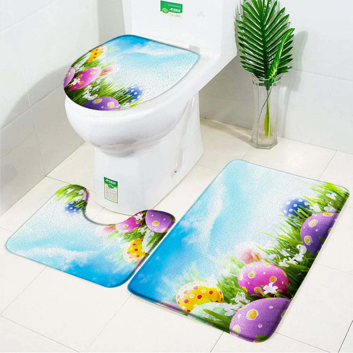 Tulips Flower Bath Mat Set Plant Florals Easter Egg Garden Scenery Non