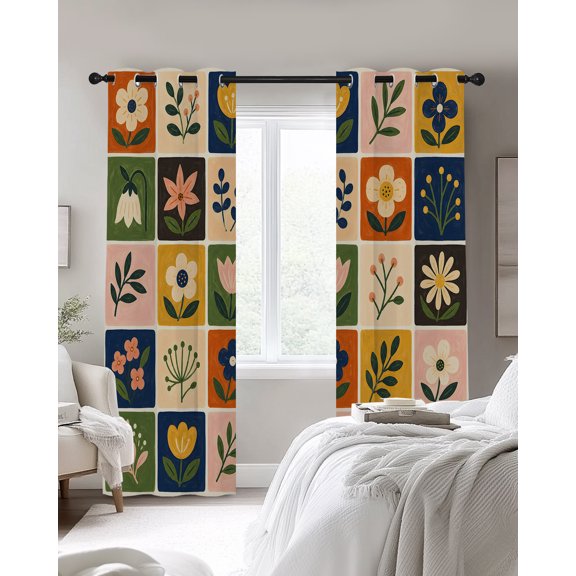 Tulips Flower Blackout Curtains 2 Panels, Rustic Vintage Colorful Wildflowers Forest Green Thermal Insulated Grommet Window Curtains for Bedroom Living Room 52"x96"