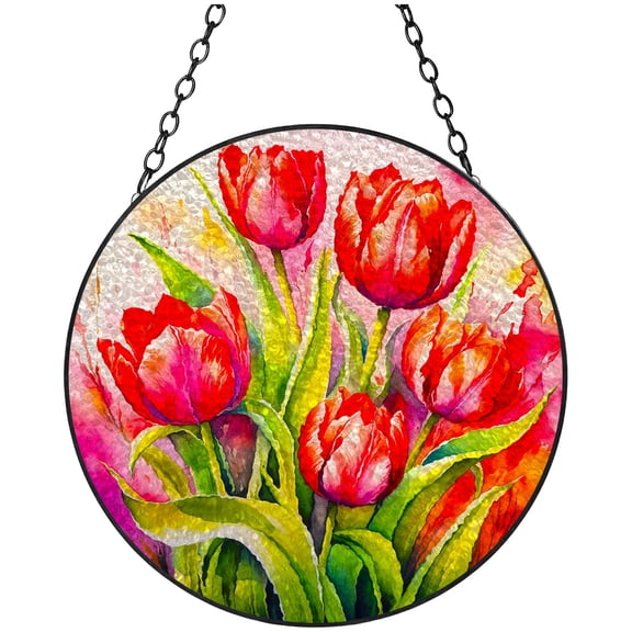 Tulips Flower Stained Glass Suncatcher Colored Handmade Window Hangings Glass Suncatcher Crafts Kits for Indoor Garden Christmas Decoration 16x16cm(3)