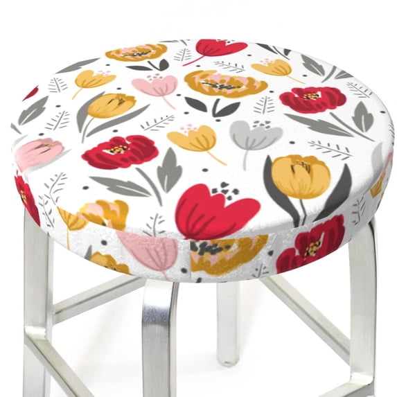 Tulips Flowers Red Yellow Round Bar Stool Seat Covers, Elastic Round Chair Cover Stool Seat Slipcover Bar Stool Cushions Round Pad for 12-14 inch