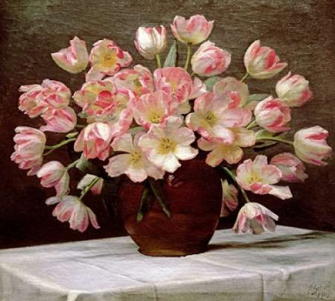 Tulips In a Vase on a Draped Table Canvas Art - Peter Johan Schou (24 x 24)