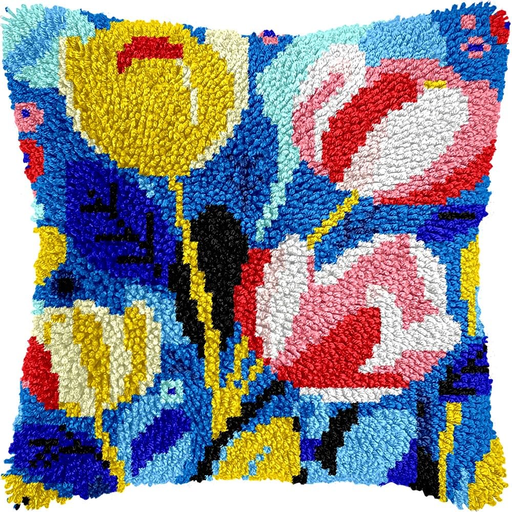 Tulips Latch Hook Pillow Kits for DIY Handmade Throw Pillow Cushion Embroidery Latch Hooking Pillowcase Kits with Preprinted Canvas Crochet Yarn Kits 17''X 17''(g139)
