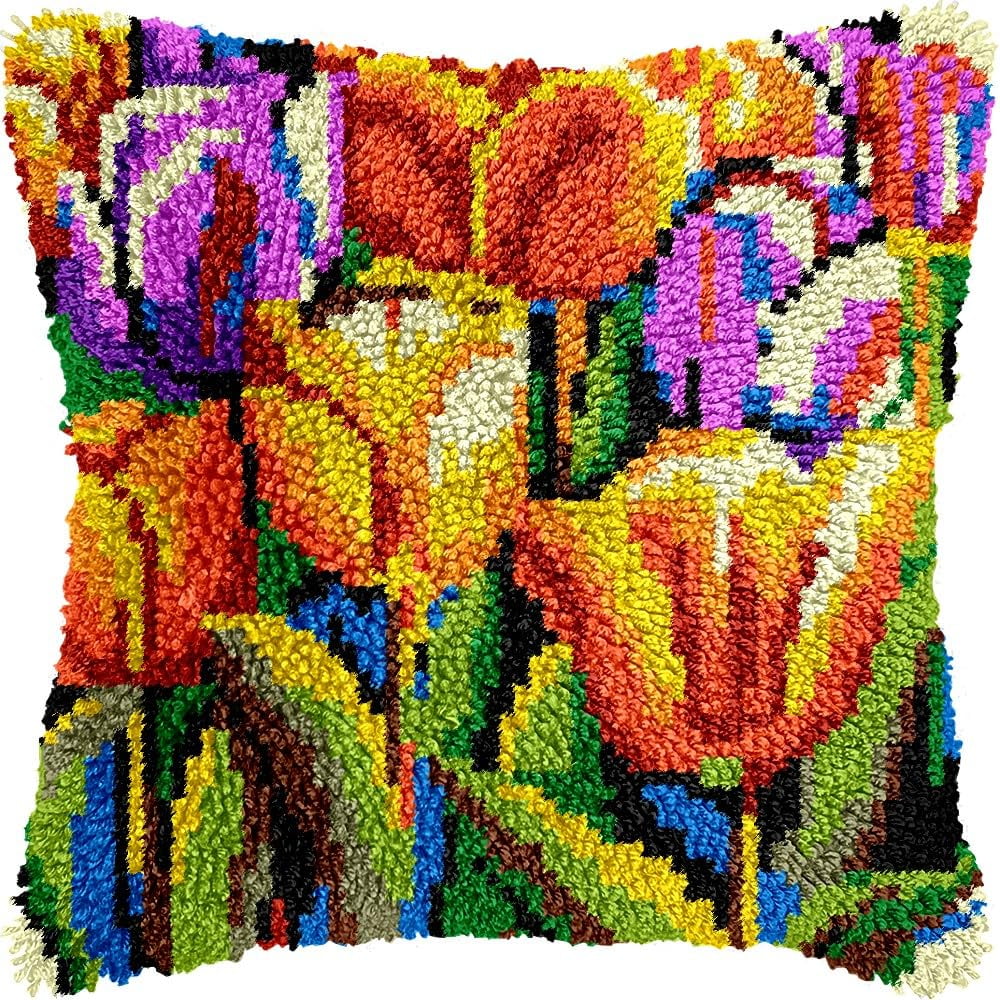 Tulips Latch Hook Pillow Kits for DIY Handmade Throw Pillow Cushion Embroidery Latch Hooking Pillowcase Kits with Preprinted Canvas Crochet Yarn Kits 17''X 17''(g173)