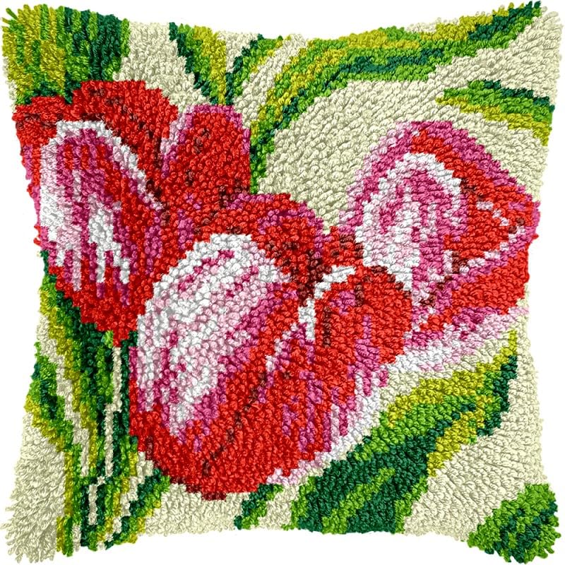 Tulips Latch Hook Pillow Kits Pillow Cover with Pattern Printed Canvas Crochet Cross Hooking Pillowcase Cushion Crafts Embroidery Latch Hooking Crochet Kits 17x17 inch(85)