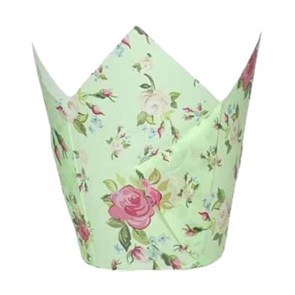 Tulips Muffins Baking Cups with Floral Print, 50-Piece Greaseproof Paper Liners for Decorative Presentation