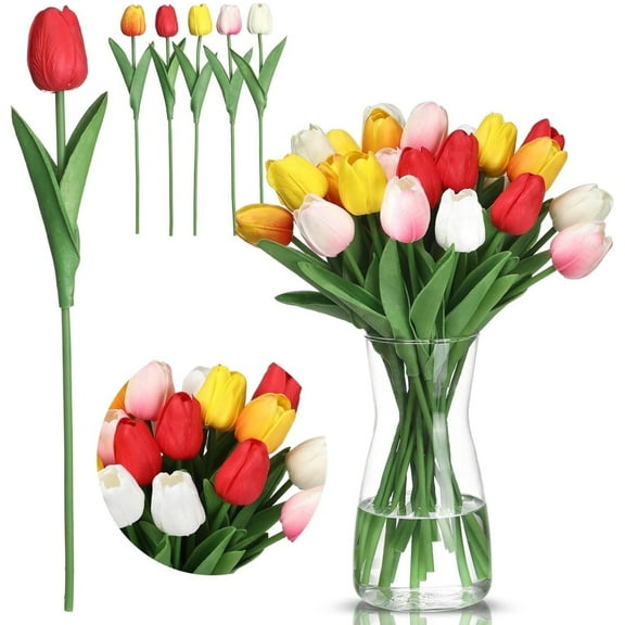 Tulips PU Artificial Flowers,Multi Color Fake Tulips Flowers,Faux Tulip Flowers Bouquet,Simulation Flowers,Decorative Tulip Bouquet Prop for Wedding Bridesmaids Valentine's Day,15 Pcs,5 Colors