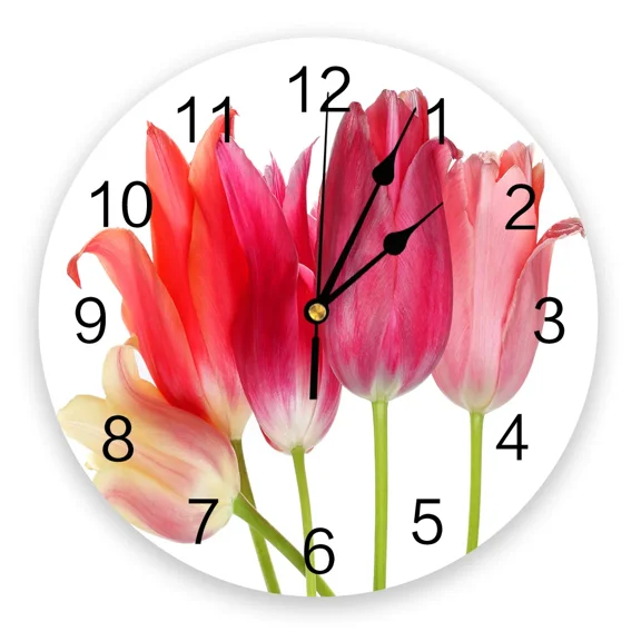 Tulips Red Flower 3d Wall Clock Modern Design Farmhouse Decor Kitchen Vintage PVC Round Clock Living Room Decoration（10 Inch）