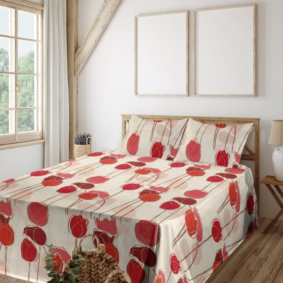 Tulips Sheet Set, Simple Design Modern Blooming Flowers with Neutral Boho Lines Delicate Art, Fitted & Flat Sheet with Pillowcase Bedding Accent 3 Pcs Set, Twin, Dark Coral Eggshell, by Ambesonne