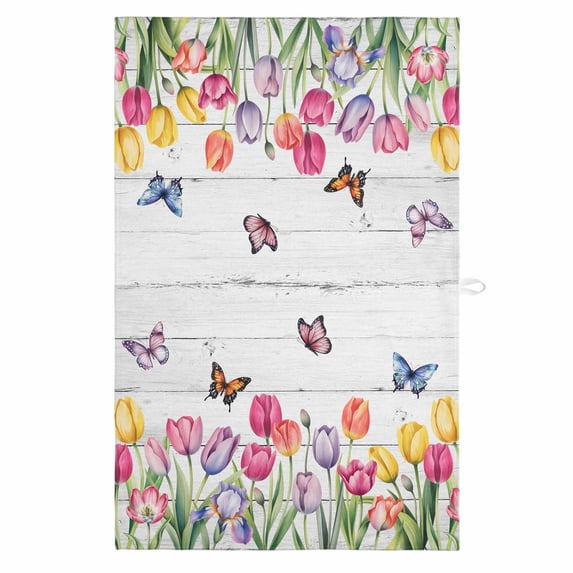 Tulips Spring Floral 1 Pack Kitchen Towel, Water Absorbent Dish Towel, Pastoral Flowers Butterfly Wooden Decorative Hand Towels - Quick Drying Cloth for Cooking Baking, 18x28 Inch