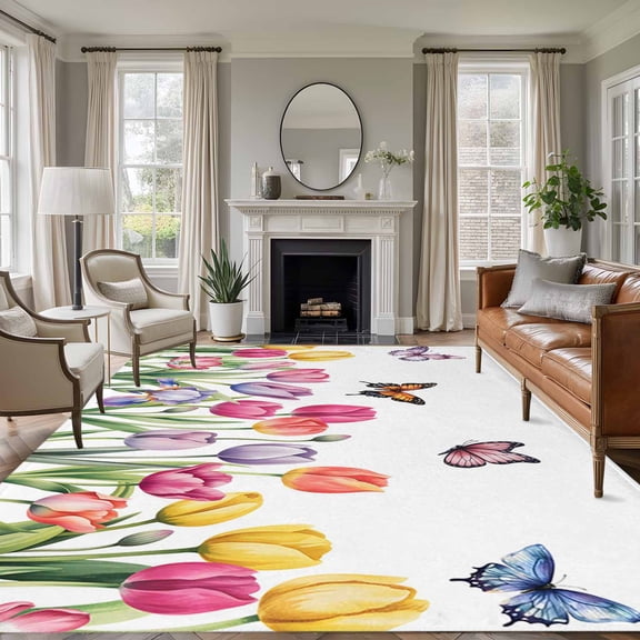 Tulips Spring Floral 6'x9' Area Rug for Living Room, Pastoral Flowers Butterfly Farmhouse Non-Slip Floor Mat Rugs for Bedroom Dining Room, Indoor Large Carpet for Classroom, Nursery Rugs for Playroom