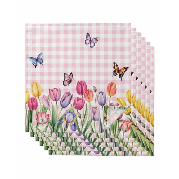 Tulips Spring Floral Cloth Napkins Set of 6 Reusable Dinner Napkins, Pink Plaid Flowers Butterfly Pastoral Cocktail Napkin Washable Table Napkins for Wedding/Holiday Party/Baby Shower 20"x20"