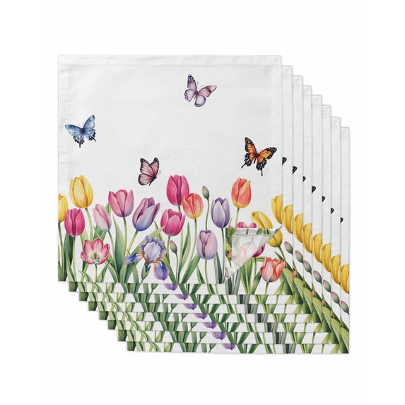 Tulips Spring Floral Cloth Napkins Set of 8 Reusable Dinner Napkins, Pastoral Flowers Butterfly Farmhouse Cocktail Napkin Washable Table Napkins for Wedding/Holiday Party/Baby Shower 20"x20"