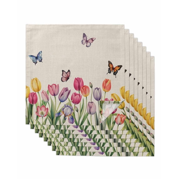 Tulips Spring Floral Cloth Napkins Set of 8 Reusable Dinner Napkins, Pastoral Flowers Butterfly Rustic Cocktail Napkin Washable Table Napkins for Wedding/Holiday Party/Baby Shower 20"x20"