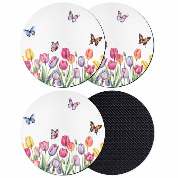 Tulips Spring Floral Coasters Set of 4, Absorbent Coasters for Drinks, Pastoral Flowers Butterfly Farmhouse Coaster for Desk Coffee Table Protection, Home Decor House Warming Gifts 4"
