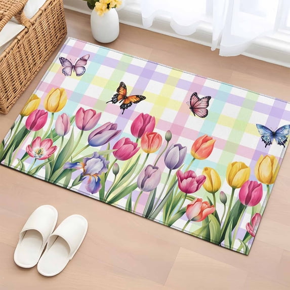Tulips Spring Floral Entryway Rug 2'x3' Non Slip Front Door Mats, Flowers Butterfly Plaid Pastoral Entrance Rugs Indoor Outdoor Carpet, Washable Floor Mats Small Area Rug for Bedroom Kitchen