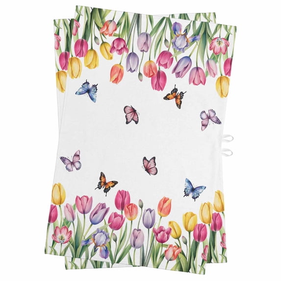 Tulips Spring Floral Kitchen Towels Set of 2, Water Absorbent Dish Towel, Pastoral Flowers Butterfly Farmhouse Decorative Hand Towels - Quick Drying Cloth for Cooking Baking, 18x28 Inch