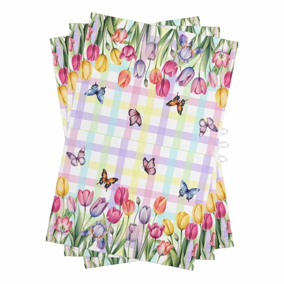 Tulips Spring Floral Kitchen Towels Set of 3, Water Absorbent Dish Towel, Flowers Butterfly Plaid Pastoral Decorative Hand Towels - Quick Drying Cloth for Cooking Baking, 18x28 Inch