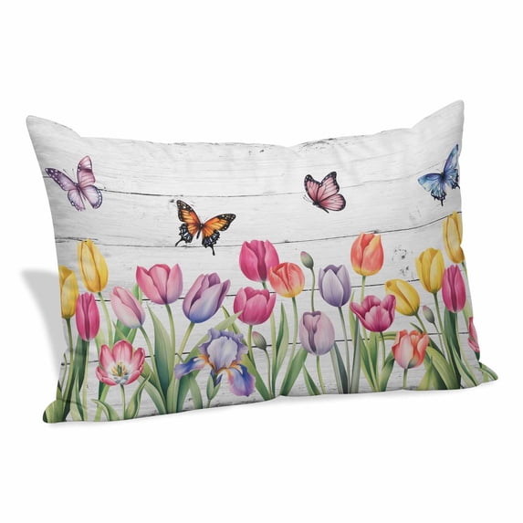 Tulips Spring Floral Pillow Covers, Linen Long Throw Pillow Case, Pastoral Flowers Butterfly Wooden Holiday Pillow Protector Decorative Cushion Cover for Living Room/Bedroom 20" x 26"