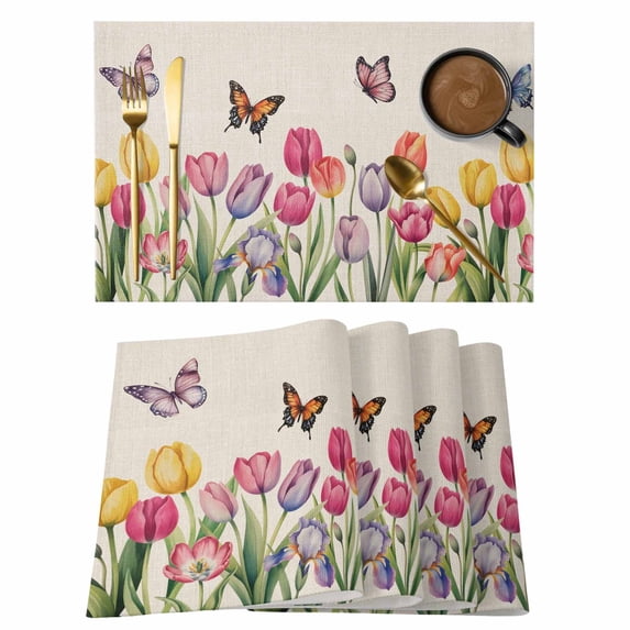 Tulips Spring Floral Placemats Set of 4, Pastoral Flowers Butterfly Rustic Placemats for Dining Table, Place Mats for Kitchen Tabletop, Waterproof Wipeable Dining Table Mats Set
