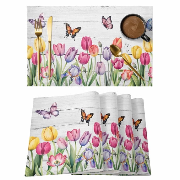Tulips Spring Floral Placemats Set of 4, Pastoral Flowers Butterfly Wooden Placemats for Dining Table, Place Mats for Kitchen Tabletop, Waterproof Wipeable Dining Table Mats Set