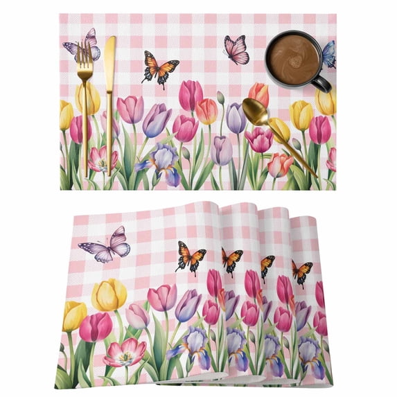 Tulips Spring Floral Placemats Set of 6, Pink Plaid Flowers Butterfly Pastoral Placemats for Dining Table, Place Mats for Kitchen Tabletop, Waterproof Wipeable Dining Table Mats Set