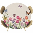 thumbnail image 1 of Tulips Spring Floral Round Tablecloth, Fitted Table Cover with Elastic for 36"-44" Round Tables, Pastoral Flowers Butterfly Rustic Table Cloth Outdoor Indoor Dinning Party Waterproof Tablecloths, 1 of 7
