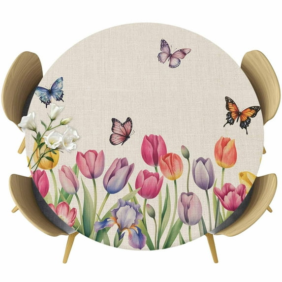 Tulips Spring Floral Round Tablecloth, Fitted Table Cover with Elastic for 36"-44" Round Tables, Pastoral Flowers Butterfly Rustic Table Cloth Outdoor Indoor Dinning Party Waterproof Tablecloths