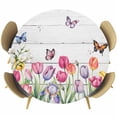 thumbnail image 1 of Tulips Spring Floral Round Tablecloth, Fitted Table Cover with Elastic for 45"-54" Round Tables, Pastoral Flowers Butterfly Wooden Table Cloth Outdoor Indoor Dinning Party Waterproof Tablecloths, 1 of 7