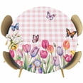 thumbnail image 1 of Tulips Spring Floral Round Tablecloth, Fitted Table Cover with Elastic for 45"-54" Round Tables, Pink Plaid Flowers Butterfly Pastoral Table Cloth Outdoor Indoor Dinning Party Waterproof Tablecloths, 1 of 7