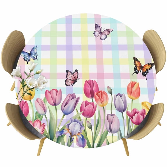 Tulips Spring Floral Round Tablecloth, Fitted Table Cover with Elastic for 55"-60" Round Tables, Flowers Butterfly Plaid Pastoral Table Cloth Outdoor Indoor Dinning Party Waterproof Tablecloths