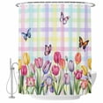 thumbnail image 1 of Tulips Spring Floral Shower Curtain Set - 48" x 72" Washable Bathtub Curtain with 12 Hooks, Flowers Butterfly Plaid Pastoral Waterproof Fabric Stall Shower Curtains for Bathroom/Bathtub Décor, 1 of 6