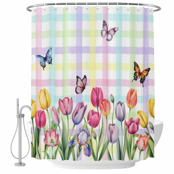 Tulips Spring Floral Shower Curtain Set - 48" x 72" Washable Bathtub Curtain with 12 Hooks, Flowers Butterfly Plaid Pastoral Waterproof Fabric Stall Shower Curtains for Bathroom/Bathtub Décor