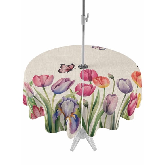Tulips Spring Floral Table Cloth Round Tablecloth, Pastoral Flowers Butterfly Rustic Waterproof Wrinkleproof Table Cover with Umbrella Hole and Zipper for Party/Dining/Patio/Wedding 60 Inch
