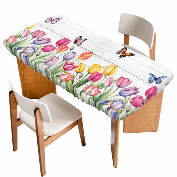 Tulips Spring Floral Table Cloths for 3 Foot Rectangle Tables, Pastoral Flowers Butterfly Wooden Patio Waterproof Elastic Fitted Tablecloths, Washable Rectangular Table Cover for Camping