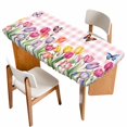 thumbnail image 1 of Tulips Spring Floral Table Cloths for 4 Foot Rectangle Tables, Pink Plaid Flowers Butterfly Pastoral Patio Waterproof Elastic Fitted Tablecloths, Washable Rectangular Table Cover for Camping, 1 of 8