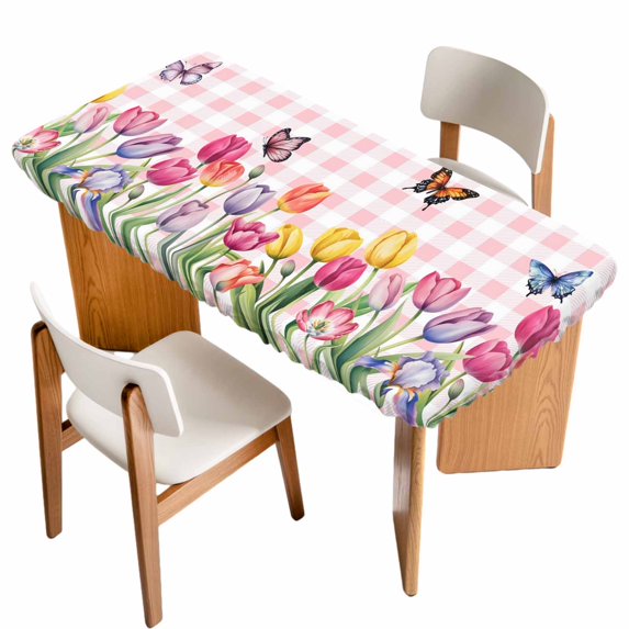 Tulips Spring Floral Table Cloths for 4 Foot Rectangle Tables, Pink Plaid Flowers Butterfly Pastoral Patio Waterproof Elastic Fitted Tablecloths, Washable Rectangular Table Cover for Camping