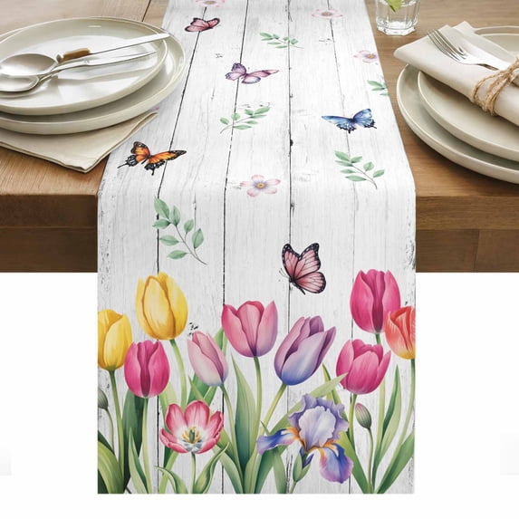 Tulips Spring Floral Table Runner - 120 Inch Long, Kitchen Dining Table Runner Dresser Scarves, Pastoral Flowers Butterfly Wooden Farmhouse Decor for Coffee Tables Wedding Party Banquet